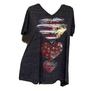 Est. 1946 Womens 18/20 Short Sleeve Gray V-Neck Shirt Top Hearts Stars Stripes